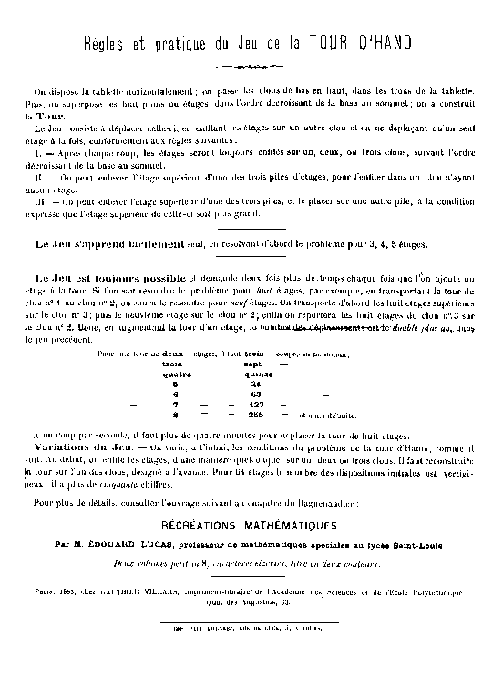 Picture of the first page of original Tower of Hanoi
  instructions